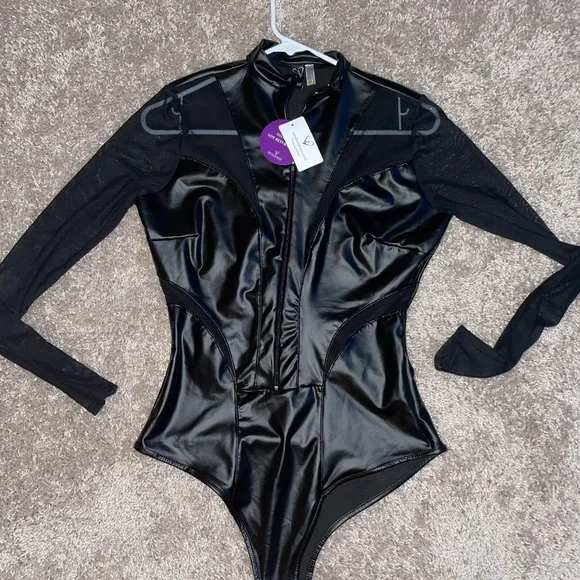 NEW NWT Windsor Black Mesh Sleeve Bodysuit Halloween cop cat motorcycle costume - Picture 7 of 10